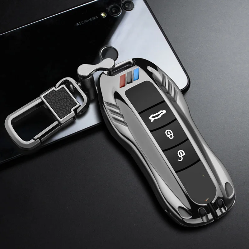 black buckle set Чехол для ключей автомобиля из цинкового сплава, чехол-брелок для Porsche Boxster Cayman 911, Panamera Cayenne Macan, подарок для мужчин с цепочкой для ключей - Название цвета: black buckle set