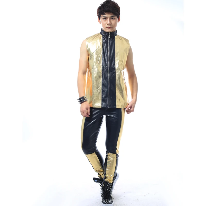 

New Ropa Jazz Men Costume Stage Show Wear Gold Costume Leather Coat Party Nightclub Rave Outfits Singers Stage Clothes BL2056