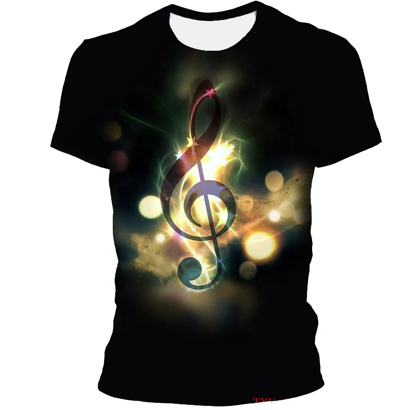 

2021 new T-shirt men's music symbol T-shirt 3D guitar T-shirt printing note type round neck short-sleeved T-shirt