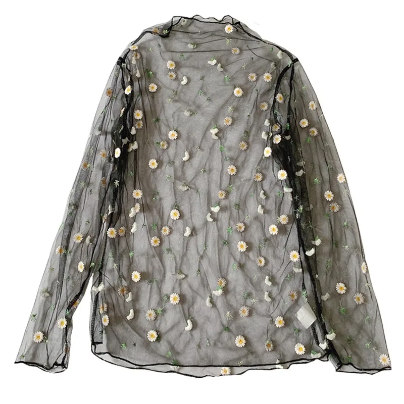 

ZuoLunOuBa 2021 Summer Fashion Women T Shirt Perspective Sun Protection Net Yarn Long Sleeve Embroidery Flowers Tops Female