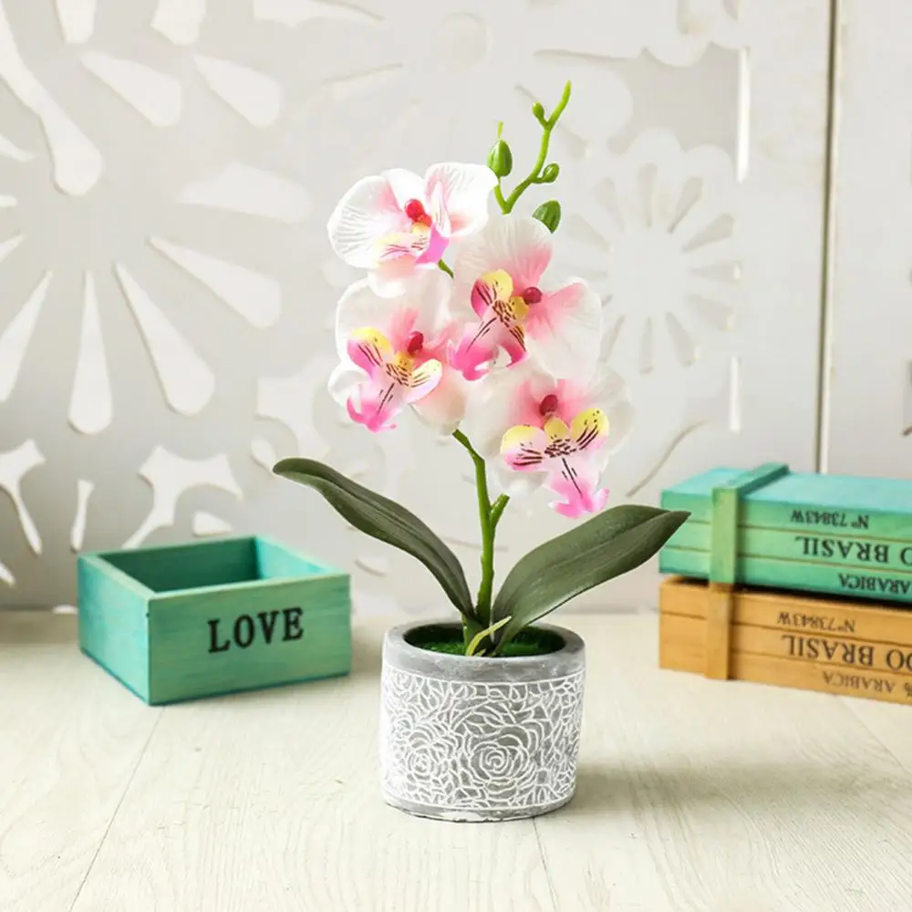 

Artificial Flower Butterfly Orchid Real Touch Phalaenopsis Flower Cement Pot Bonsai Wedding Home Office Decoration