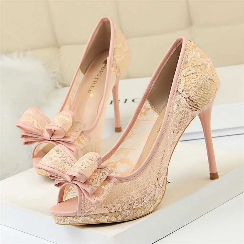 

Bowtie High Heels Platform Heels Ladies Peep Toe Lace White Wedding Shoes Pumps Club Sexy Women Shoes 2020 Elegant High Heels