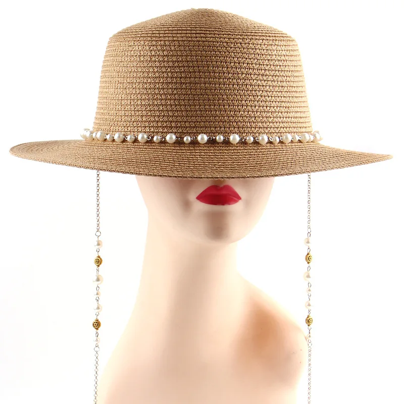 

2021 New Sunmmer Sun Hat For Women Fashion Straw Hat Pearl Chain Raffia Beach Hat Casul Flat Top Sunhat Female Panama Cap