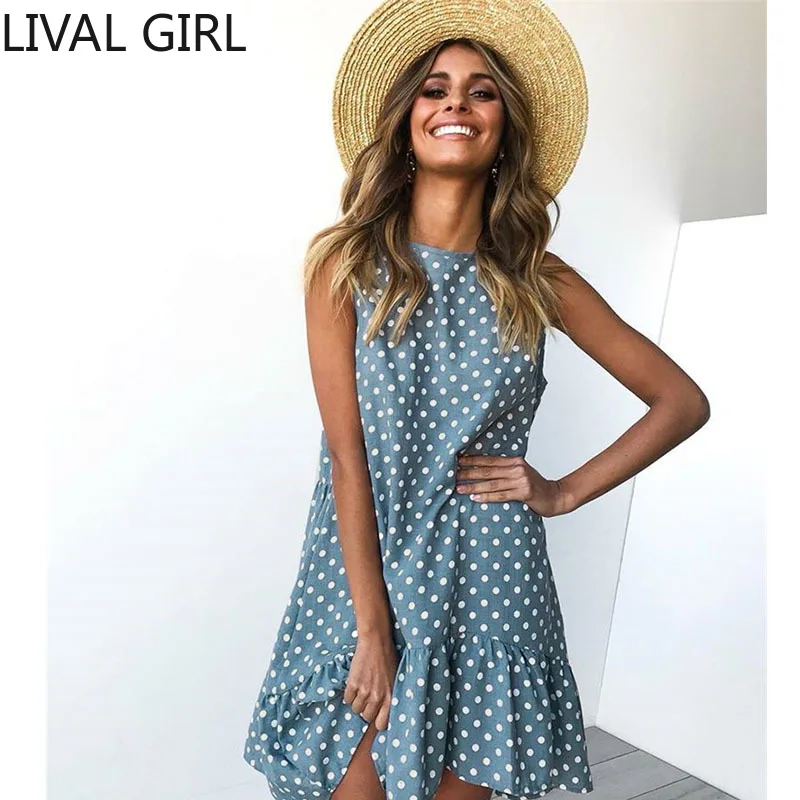 Для женщин с оборками платье в горошек круглым вырезом без рукавов Летнее