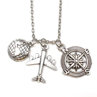 fashion accessories mini airplane earth compass necklace vintage alloy pendant pilot long chain men women gift souvenir
