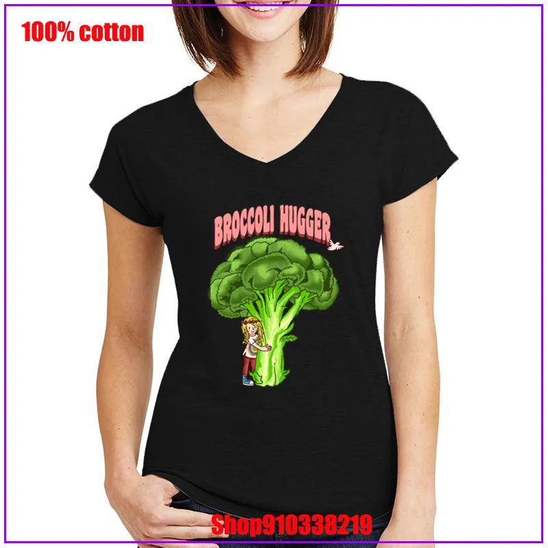 Женская футболка с принтом Broccoli Hugger простая коротким рукавом и v образным вырезом