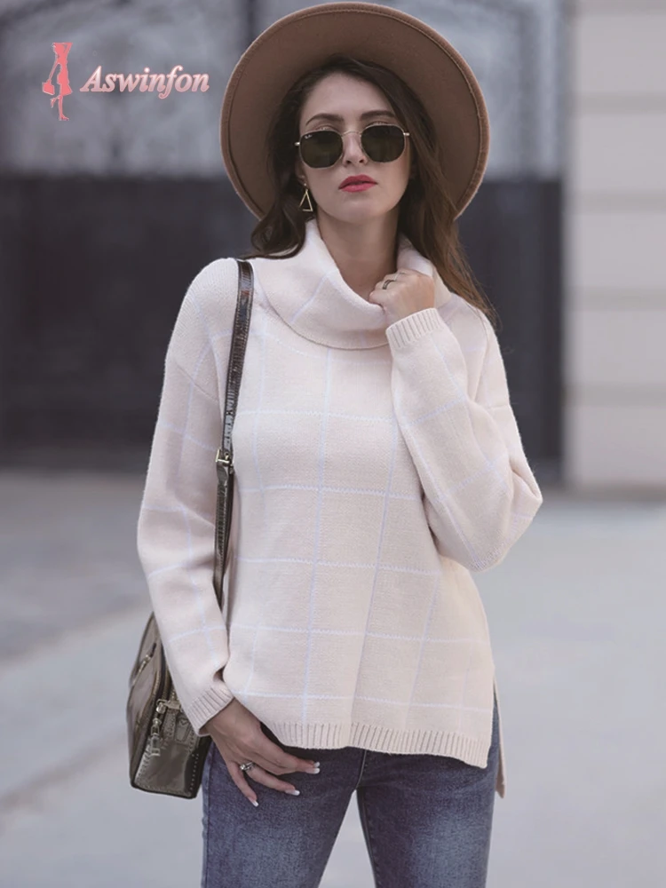 Aswinfon Checkered Turtleneck Sweater Women Loose Knitted Pullovers Autumn Winter Knit Pullover Long Sleeve Jumper Lady | Женская одежда