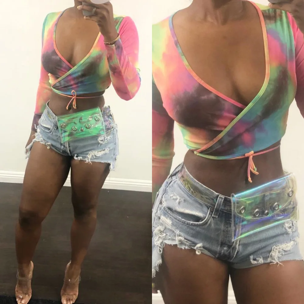 

2021 New Street Hipster Hot Selling Sexy Deep V Tie-dye Cross Straps Slim Long-sleeved Navel Cropped Ladies T-shirt