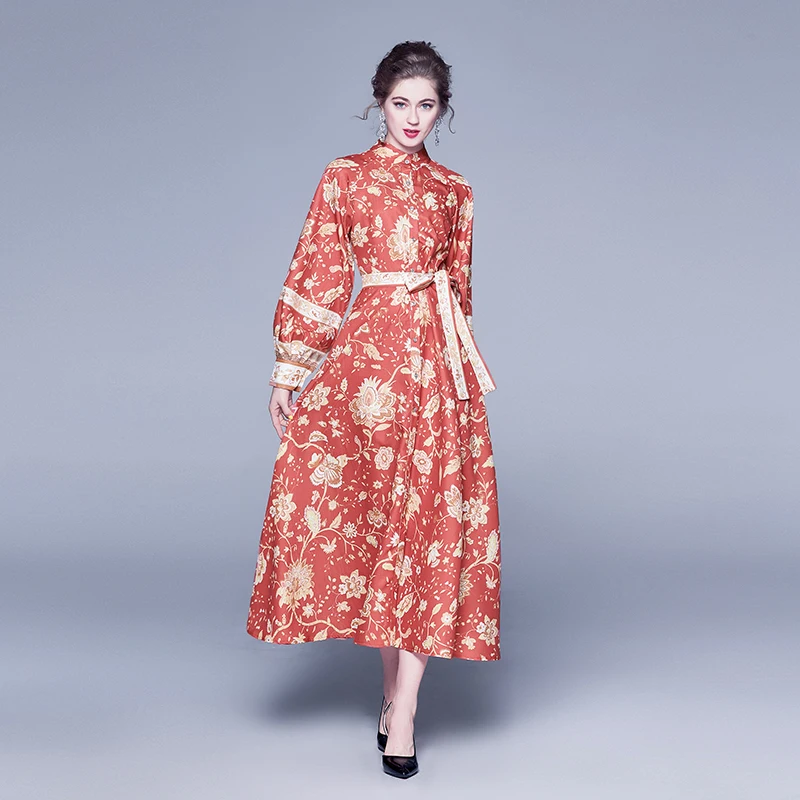 

New Spring Autumn Women Long Sleeve Dress High Quality Gorgeous Flowers Print Runway Dress Elegant Big Hem Slim Long Dress