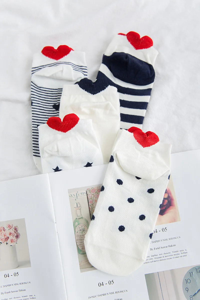 5Pairs/lot Women Cotton Striped Socks Cute Ankle Socks Short Women Socks Casual Animal Ear Red Heart Gril Socks 35-40