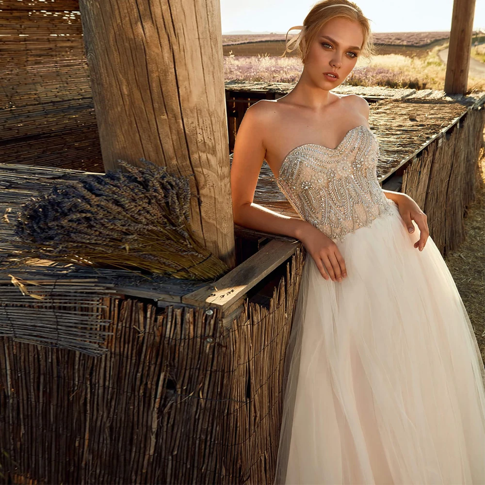 

Vestidos Elegant Wedding Dresses Tulle Illusion Appliques Crystal Strapless Sleeveless Zipper Ball Bridal Gowns