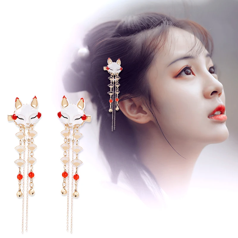 Заколка для волос в форме лисы милый зажим с длинными кисточками из сплава