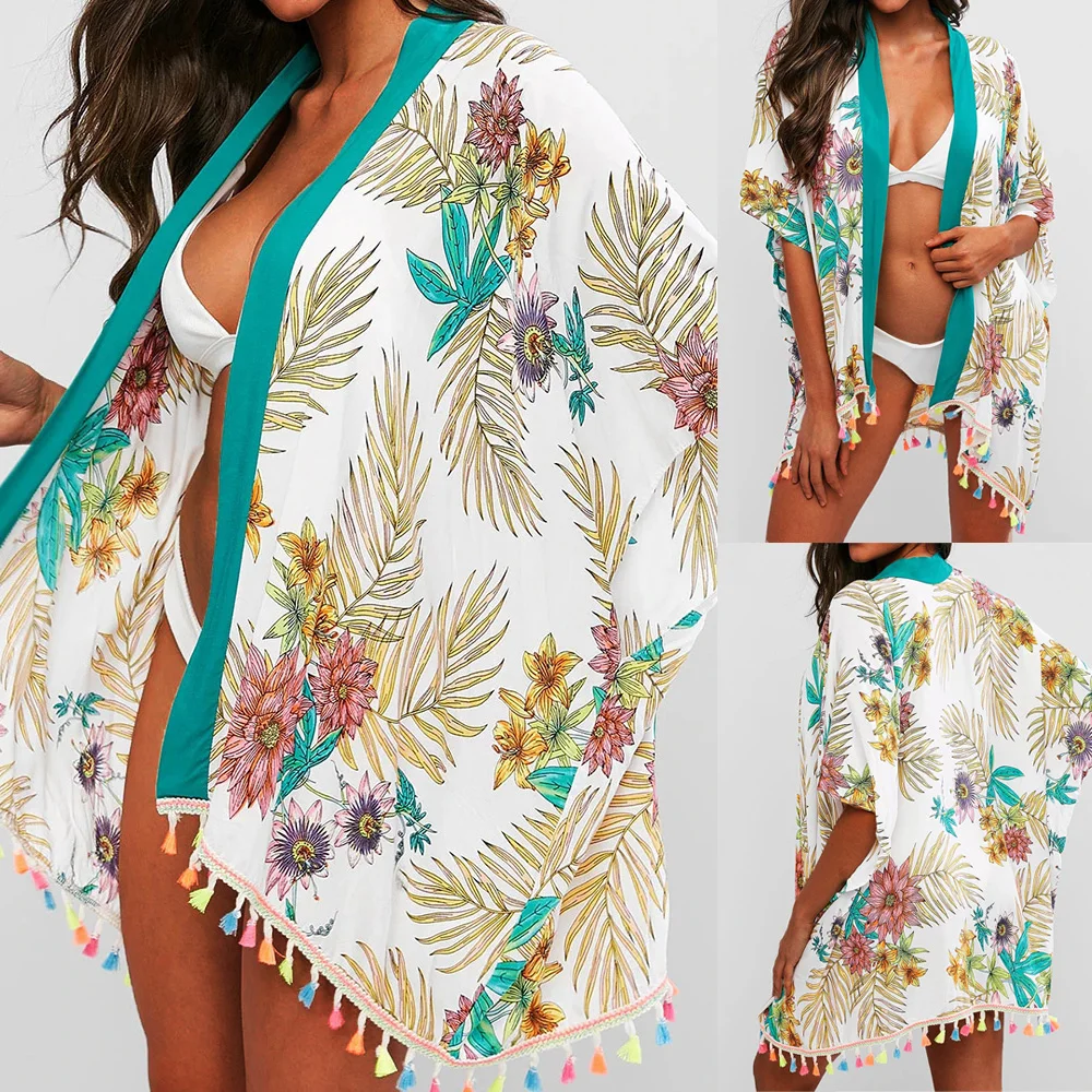 Летний женский купальник бикини с цветочным узором и кисточками рукав летучая