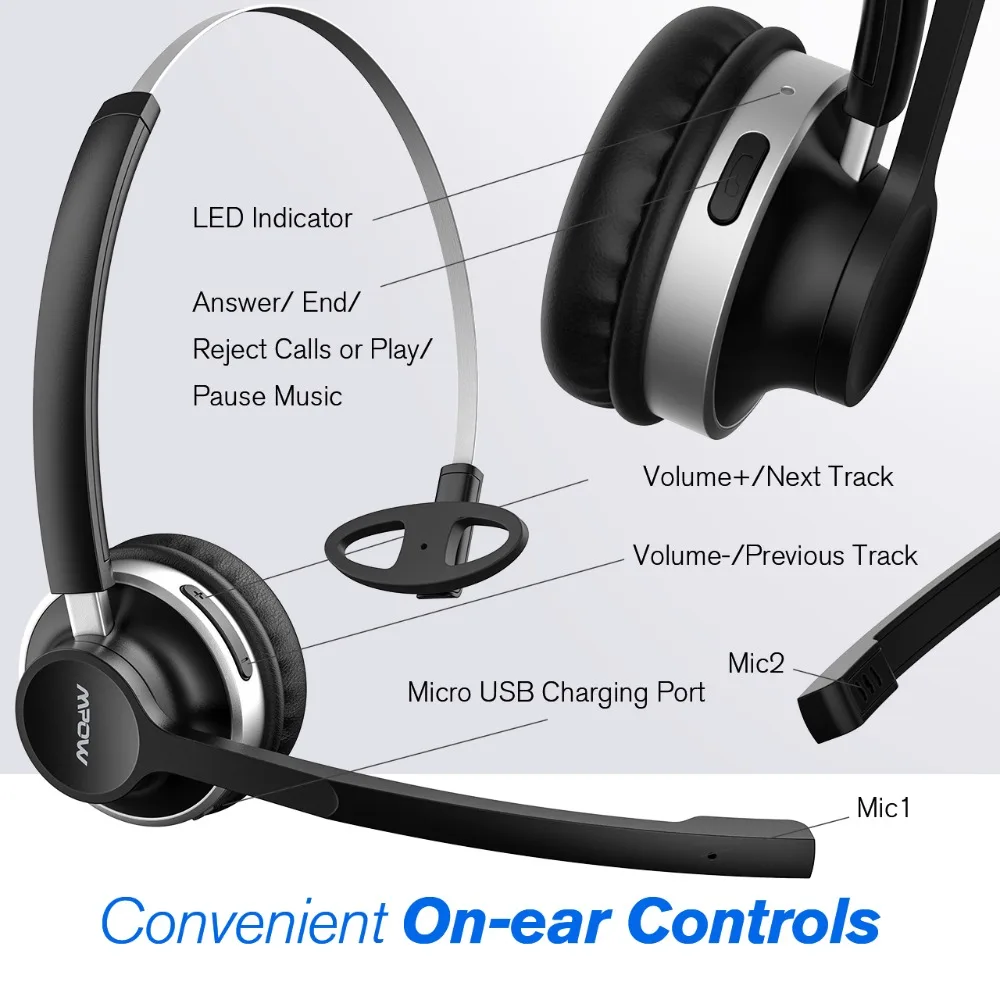 Mpow HC3 Bluetooth наушники кристально чистые Беспроводные наушники с двойным шумоподавлением микрофоны для колл-центра и водителя грузовика