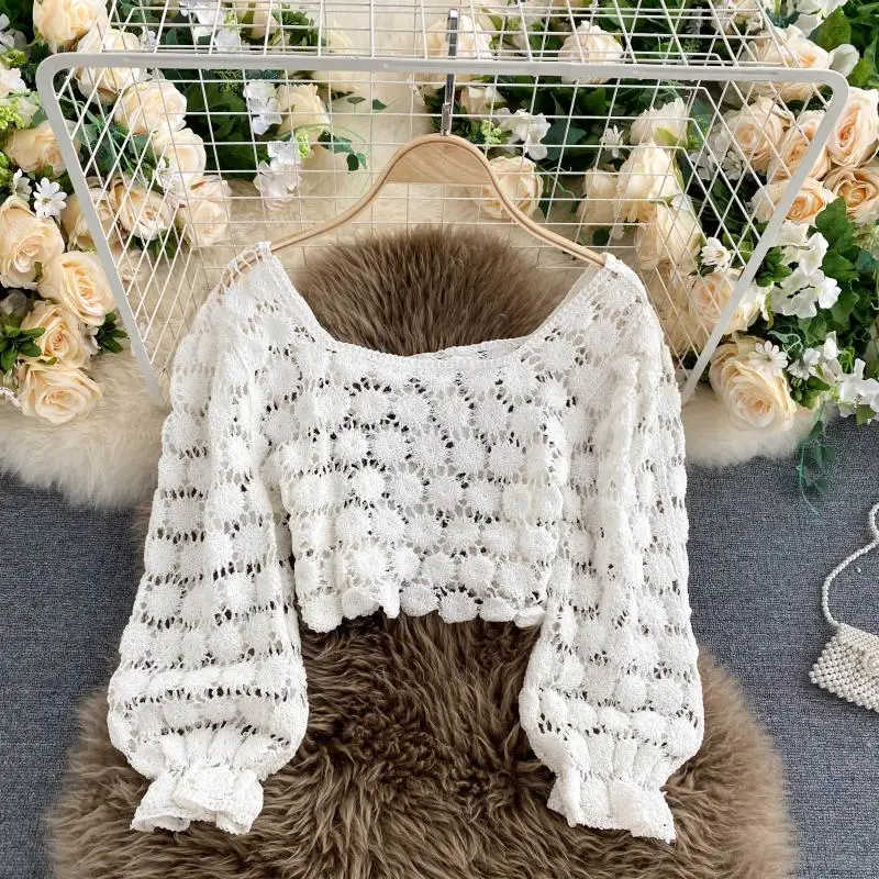 Женский укороченный топ с рукавами-фонариками вязаный крючком Топ в стиле ретро