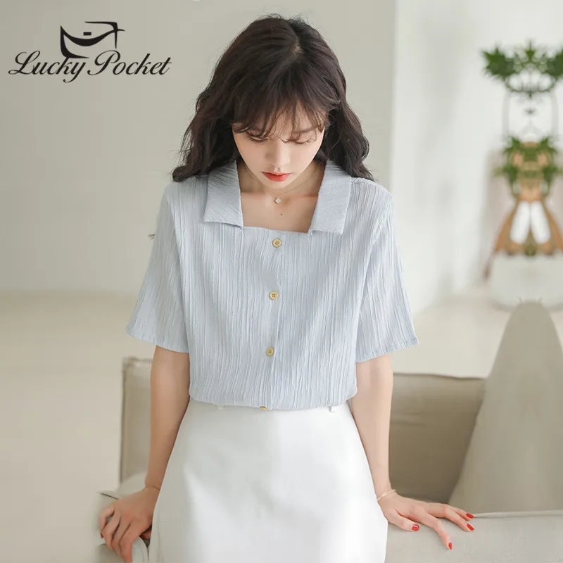 Женская летняя новая синяя шифоновая рубашка с квадратным воротником Однотонная