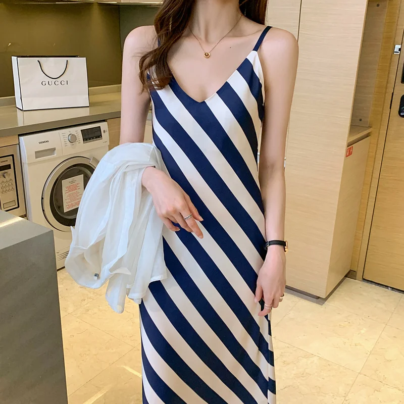 Реальная фотография 2021 французская Полосатая юбка на бретельках в иностранном