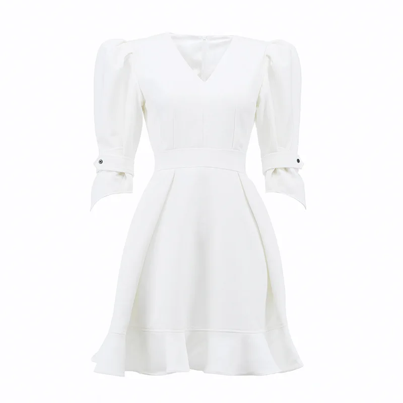 

DEAT Women White Patchwork Ruffles A-line High Waist Dress New V-Neck Half Puff Sleeve Loose Fit Fashion Tide Summer 2021 7E0398