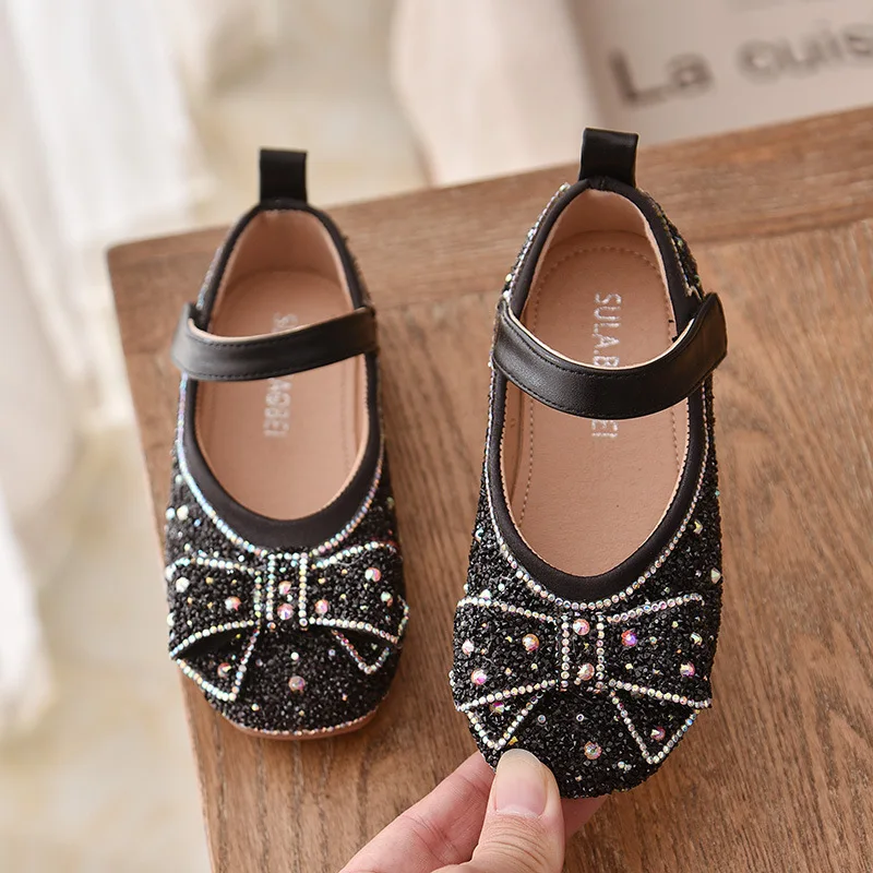 Обувь со стразами для девочек Детские модельные туфли на плоской подошве