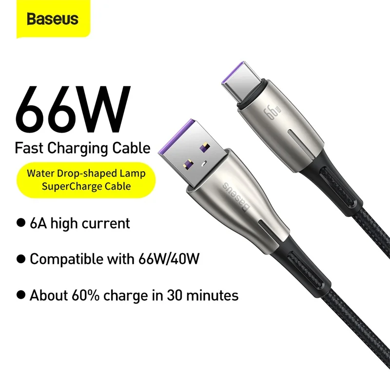 Кабель Baseus 6A USB Type C Сверхбыстрая Зарядка для Huawei Mate 40 P40 Samsung 66 Вт 5A SCP FCP USBC Type-C