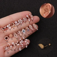 crystal earings stainless steel screw ear stud rose gold flower ear bone stud body piercing jewelry for women and girls