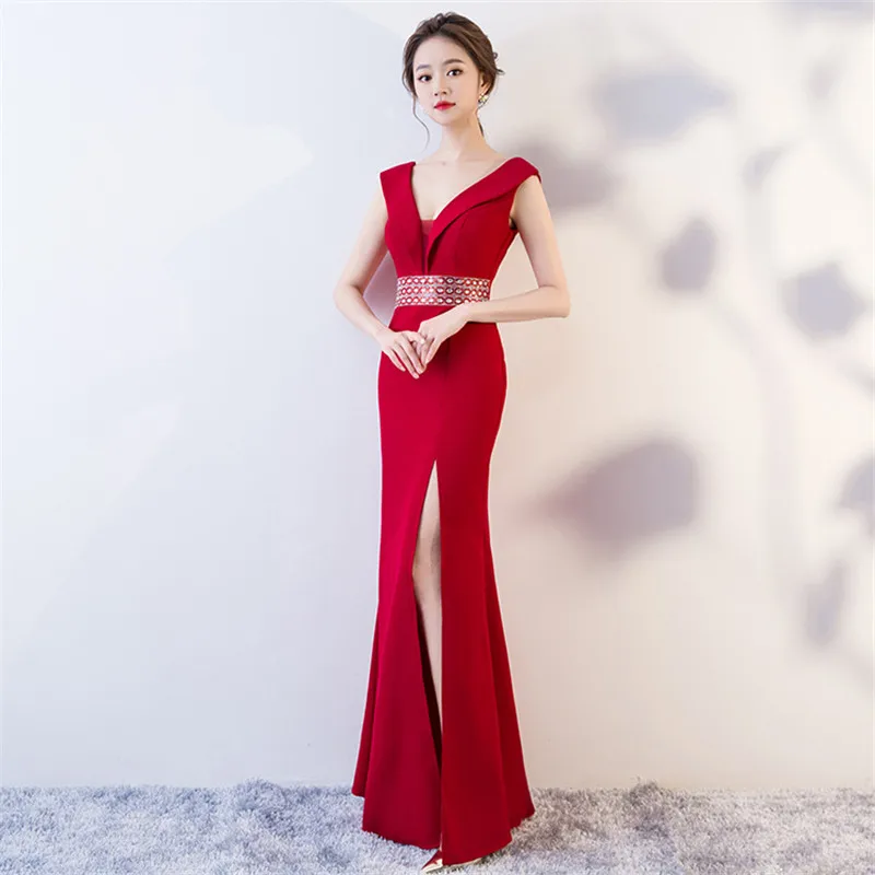 New Arrival Sexy V Neck Sleeveless Lace Mermaid Evening Dress Long Fashion Open Back Beading Formal Party with Side Split | Свадьбы и