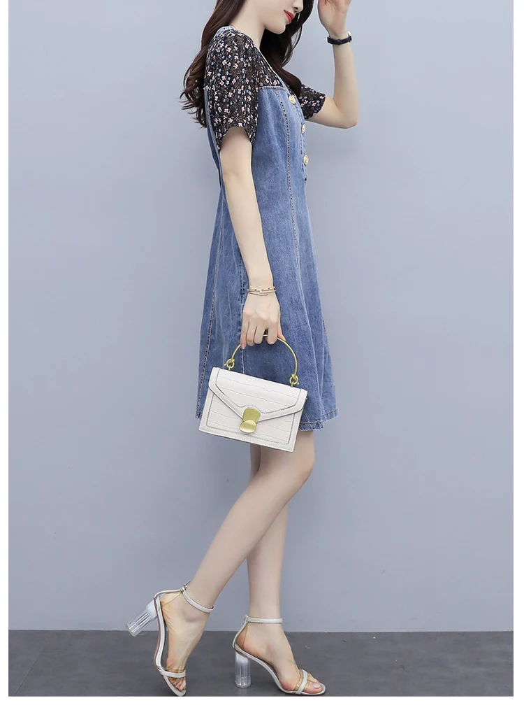 

Large Size 4XL Women's Dresses 2021 Summer New Fashion V-Neck Chiffon Splicing A-Line Denim Dress.