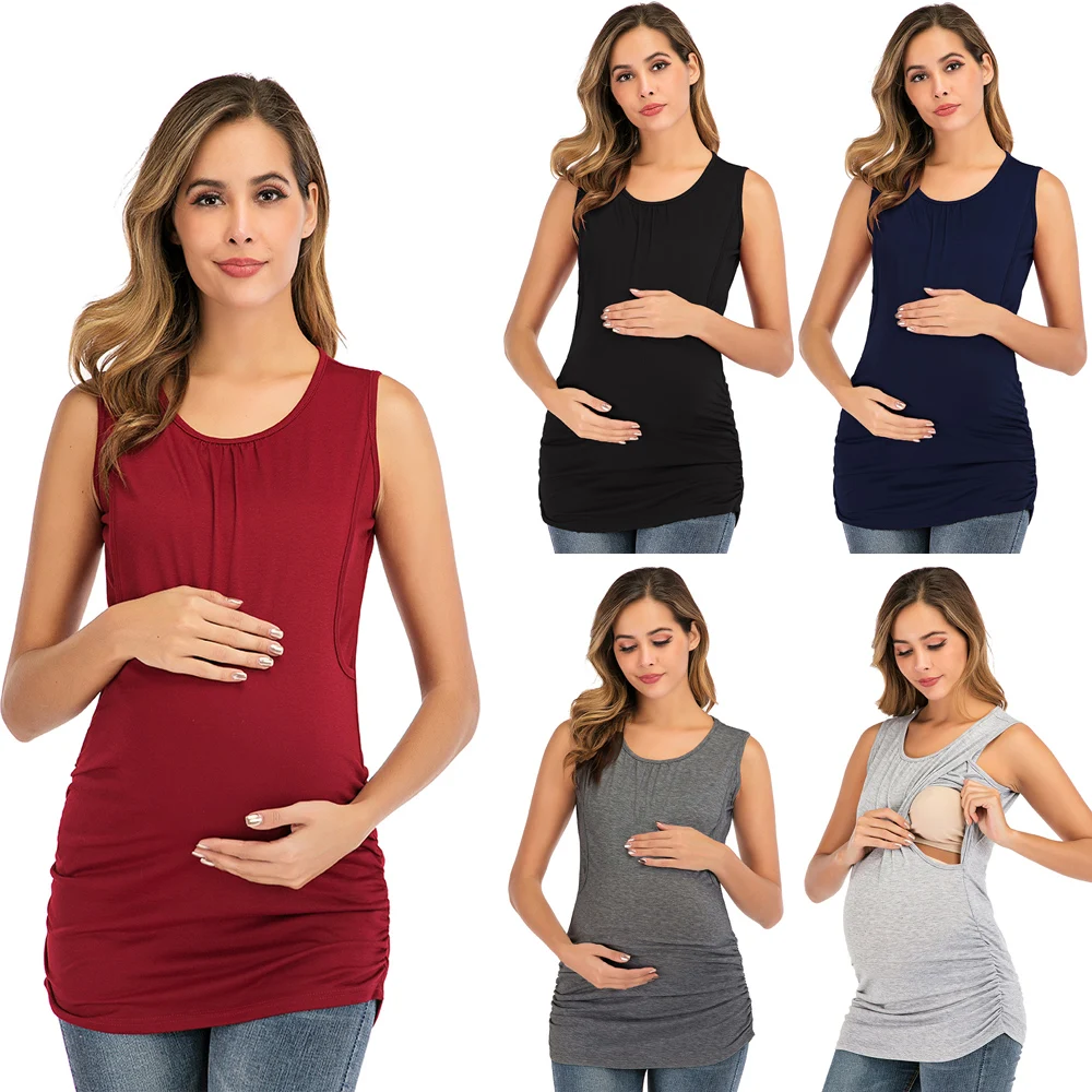 2022 Maternity Tank Top Women Pregnant Nursing Sleeveless Solid Patchwork Tops T-shirt Camisetas Lactancia Verano Nursing Tanks