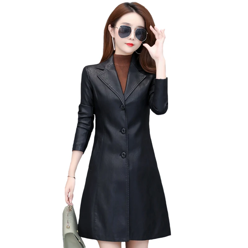

Spring Autumn Women Black Pu Leather Jacket Slim Women Long Leather Trench Coat Casual Leather Coat Women Ourwear