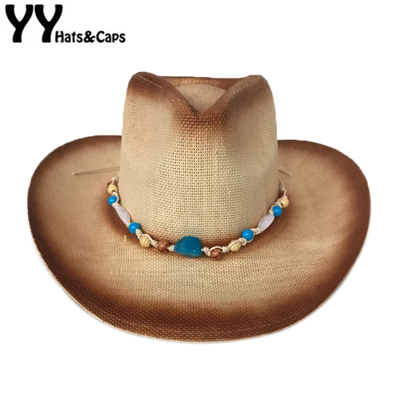 YY ручная работа ковбойская Кепка с синим камнем лента Летняя Пляжная джазовая