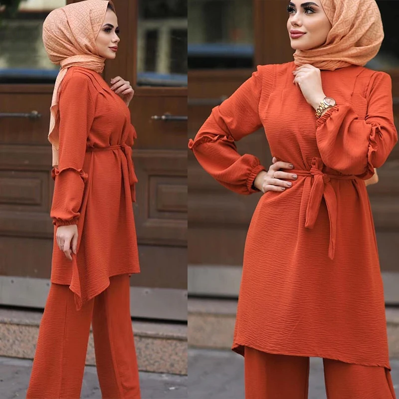 Eid Two Piece комплекты для мусульман Abaya женское платье Hijab со шнуровкой из индейки Caftan