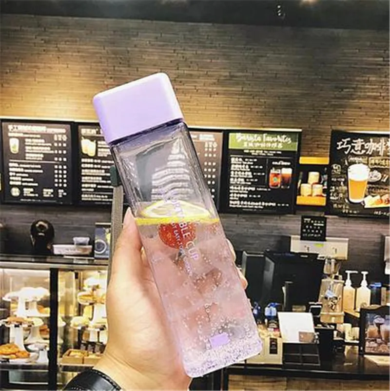 transparent purple 450 мл пластиковая бутылка для воды, портативная Квадратная бутылка для фруктового сока, Герметичная Бутылка для спорта на открытом воздухе, Путешествий, Походов, Кемпинга - Цвет: transparent purple