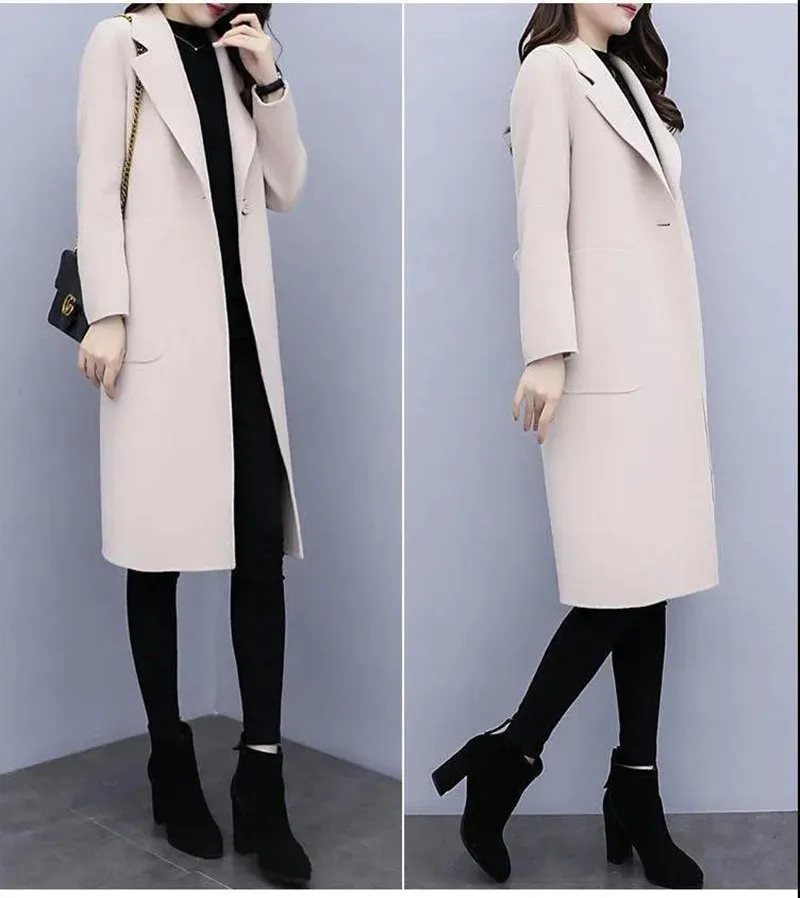 

Elegant spring and autumn women's long-sleeved lapel solid color woolen mid-length top casual button cardigan fashion office lad