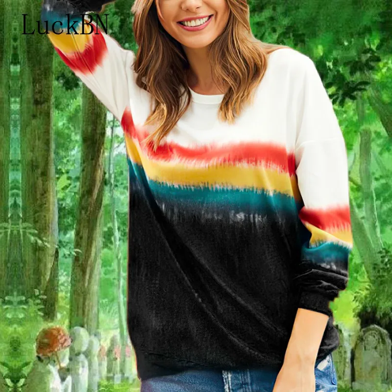 

LuckBN Autumn Winter Hoodies Fashion Gradient Color Print Hoodies Women Sweatshirt Sexy O Neck Long Sleeve Pullover Female Tops