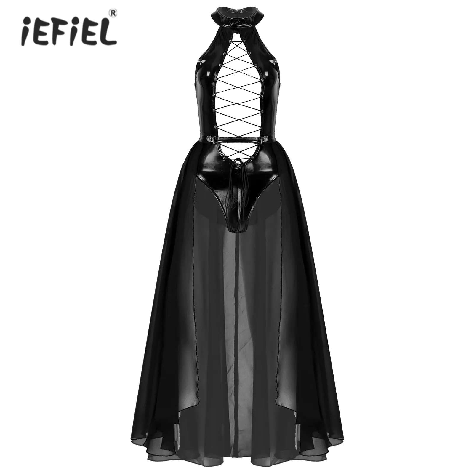 

Womens Pole Dace Rave Party Outfits Wet Look Patent Leather Hollow Out Lace-up Bodysuit Mock Neck Sleeveless Leotard with Skirt