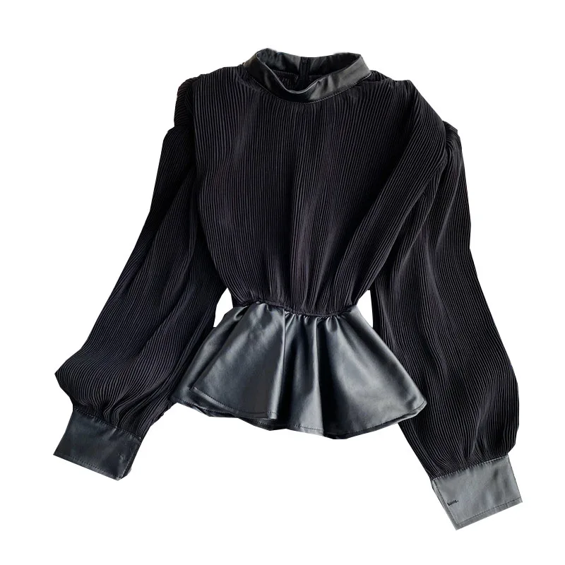 

Fashion Temperament Stand-up Collar Shirt Women's Spring and Autumn New Long-sleeved Ruffled Cropped Top UK277