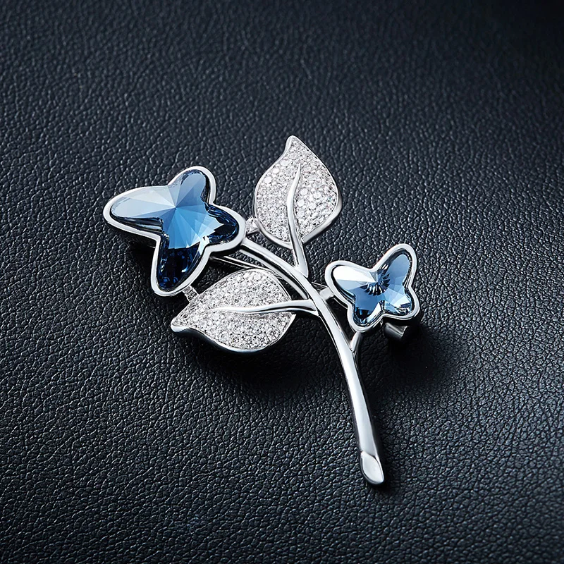 CDE изящная брошь с инкрустированными вручную Цирконом листом бабочкой синим