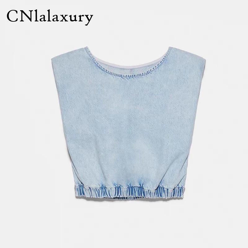 Женская Джинсовая блузка с круглым вырезом без рукавов|Блузки| |