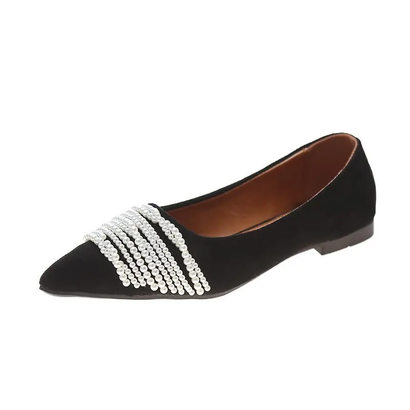 

Casual Woman Shoe Pointed Toe All-Match Shallow Mouth Black Flats Female Footwear Pearl Decorateion New Dress Summer Beading Lei