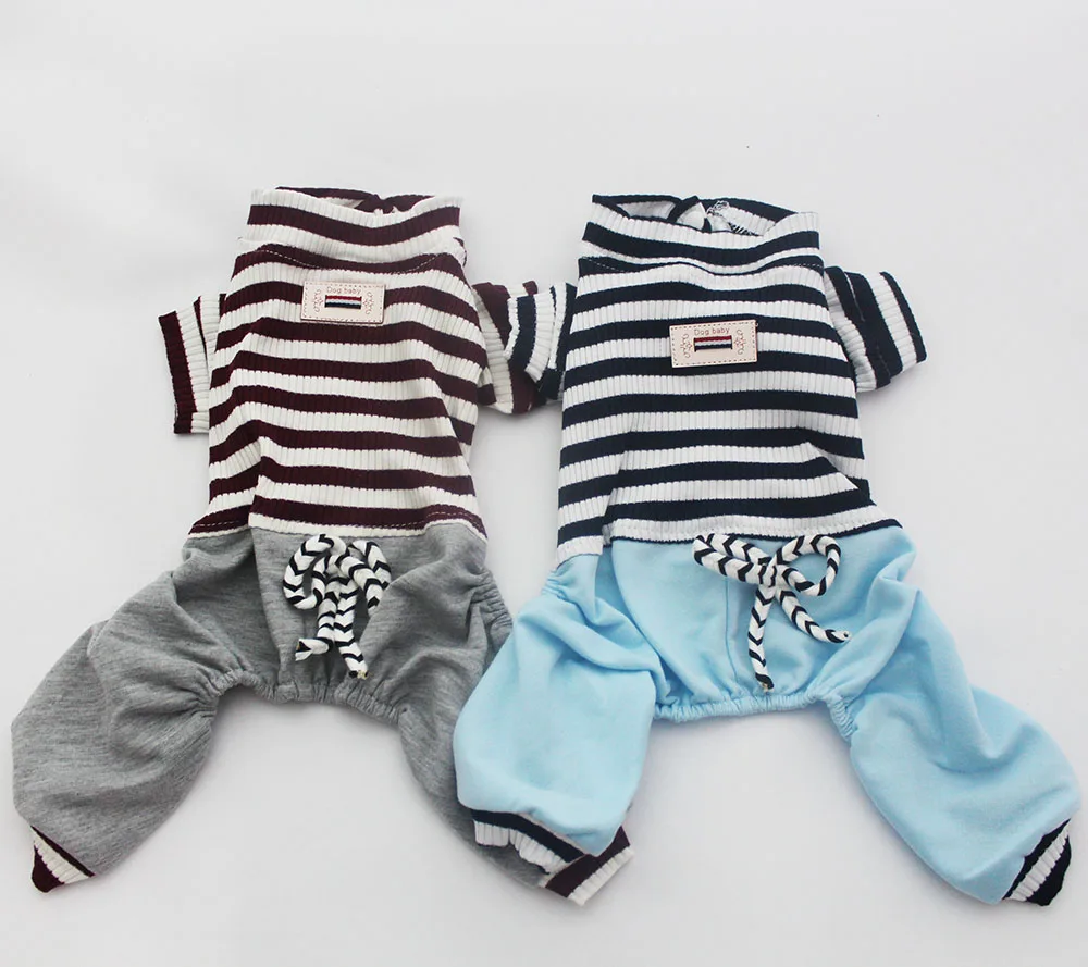 

Nieuwe Pet Dog Gestreepte Jumpsuit Rompertjes Kat Puppy T-shirt Broek Lente/Zomer Kleding 5 Maten 2 Kleuren