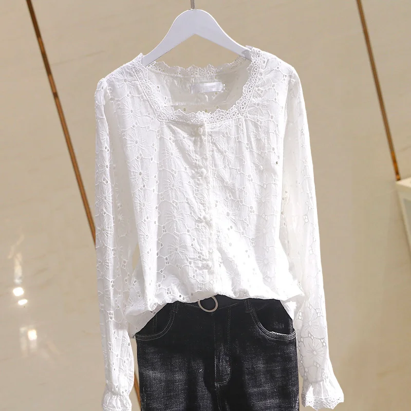 

Хлопок 100% Выдалбливают женские рубашки Лето Новинка 2021 квадратный воротник Твердые с длинными рукавами элегантные офисные женские Пиджаки...