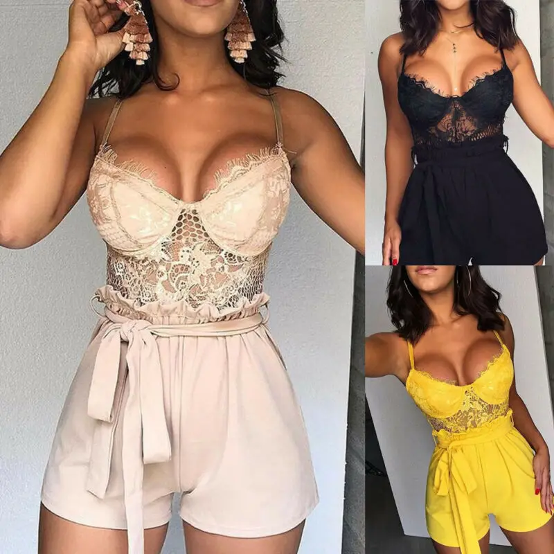Новый летний женский комбинезон Короткий кружевной с V образным вырезом тонкий