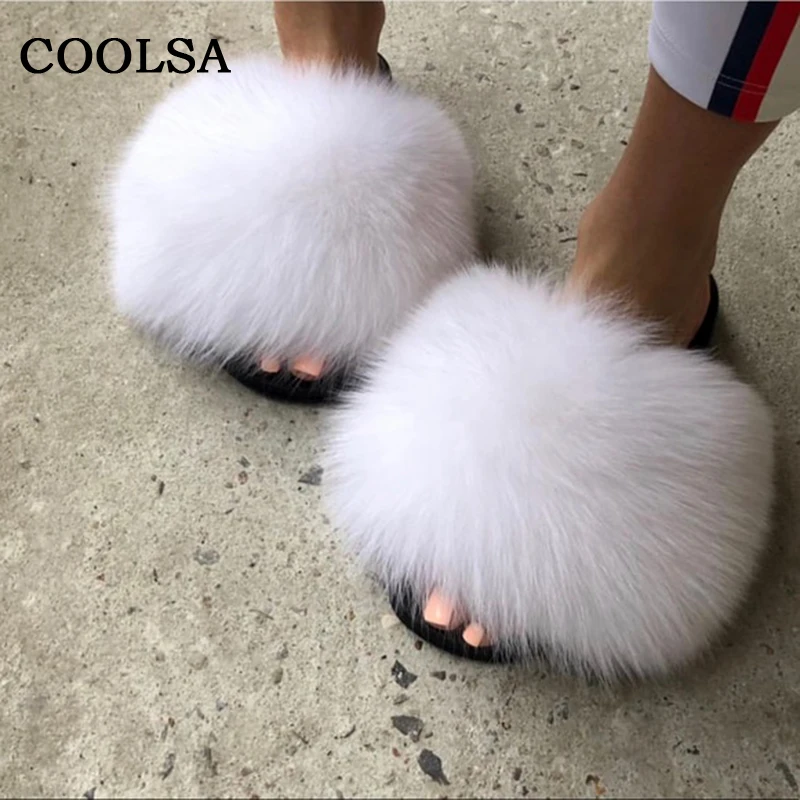 Coolsa/летние женские шлепанцы из лисьего меха; шлепанцы без задника с натуральным мехом; женские домашние Вьетнамки; повседневные сандалии с мехом; модная пушистая плюшевая обувь