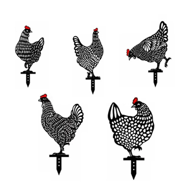

S19Z 5pcs Acrylic Hen Silhouette Art Garden Stakes Hollow Animal Rooster Yard Decor