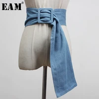 eam blue denim big buckle irregular split joint long wide belt personality women new fashion tide all match spring 2022 1y100