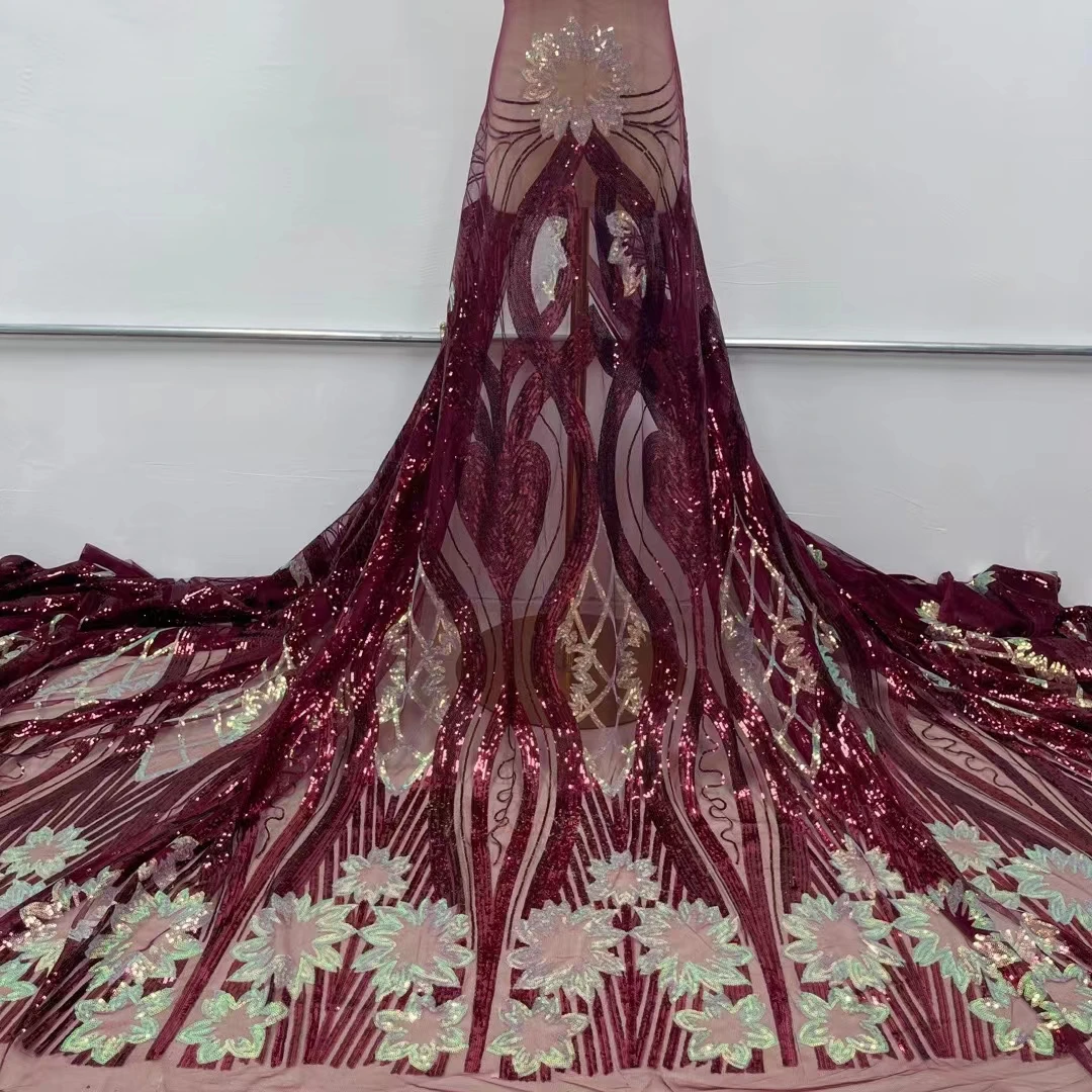 

Wine African Lace Fabric 2021 High Quality Nigerian Lace Fabric 5 Yards French Sequins Lace For Wedding Dress