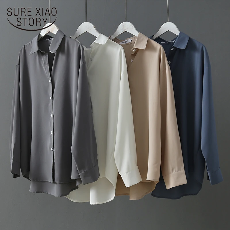 Модная блузка 2021 из атласа с длинным рукавом винтажная Женская шелковая V