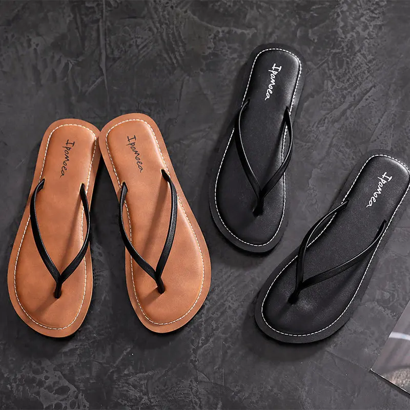 

2021 Fashion Leather Women Flip Flops Slippers Summer Beach Slide Sandals Outdoor Non Slid Womens Sliders Summer Flip Flops New