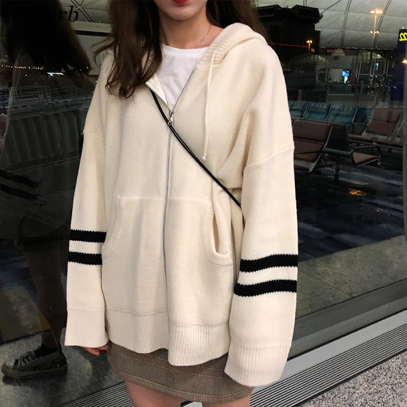 Woherb Harajuku Knitted Cardigan Women Korean Style Modis Striped Print Hooded Sweater Coat Girls Casual Runway Sweaters
