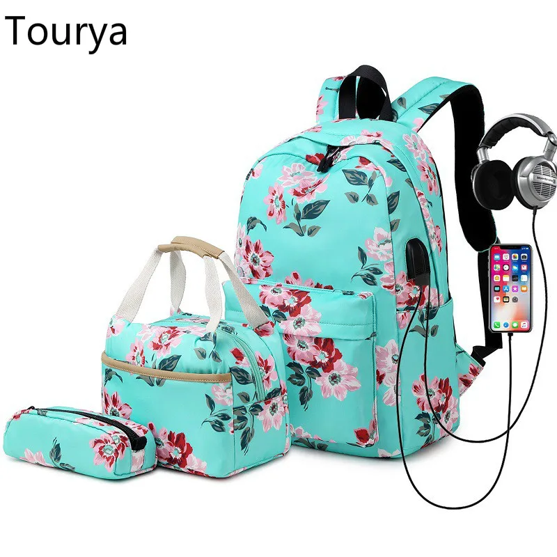 Tourya 3pcs/Set Fashion Backpacks for Women Girls USB Charge School Laptop Bagpack Travel Bookbags Food Lunch Bags Rucksack